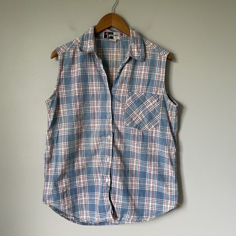 Kikomo Vintage 90's Plaid Denim 100% Cotton Tank Top Red Blue Women Size Medium